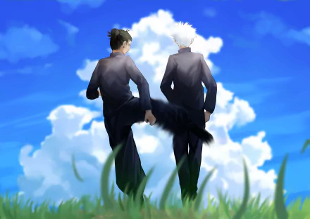 4K Ultra HD anime wallpaper featuring Satoru Gojo and Suguru Geto from Jujutsu Kaisen walking side by side against a bright blue sky with clouds.