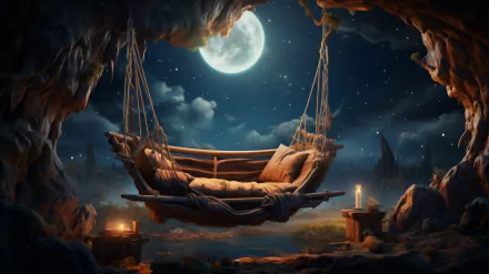 A serene HD desktop wallpaper featuring a hammock suspended in a cave, illuminated by moonlight and candles, showcasing stunning AI art of a tranquil nighttime setting.