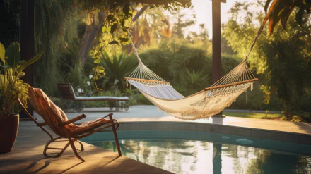 A serene scene featuring a hammock beside a pool, surrounded by lush greenery. This HD wallpaper captures the essence of relaxation and man-made comfort in an inviting outdoor setting.