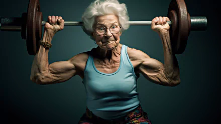 HD desktop wallpaper featuring a strong grandmother lifting a barbell, showcasing her muscular physique against a dark background.