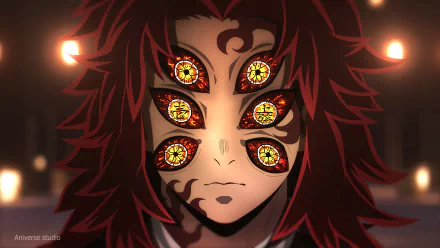 Kokushibo from Demon Slayer: Kimetsu no Yaiba stares intensely, featuring his unique multiple eyes and striking red hair in this high-definition anime wallpaper.