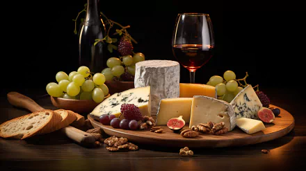 A still life arrangement featuring a selection of cheeses, fresh grapes, walnuts, a bottle of wine, and a glass, set against a dark background, creating a rich, inviting atmosphere.
