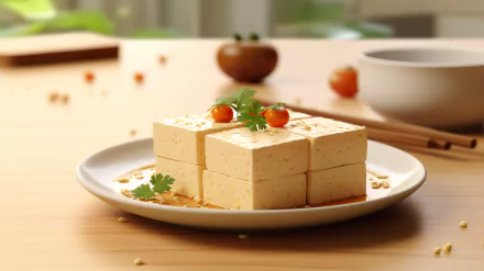 HD desktop wallpaper featuring a plate of fresh tofu garnished with herbs and cherry tomatoes on a wooden table.