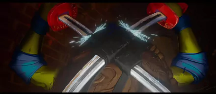 Teenage Mutant Ninja Turtles: Mutant Mayhem HD wallpaper featuring an intense clash of their iconic weapons..