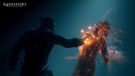 HD desktop wallpaper from Banishers: Ghosts of New Eden featuring a character confronting a spectral ghost in a dramatic, mystical scene.