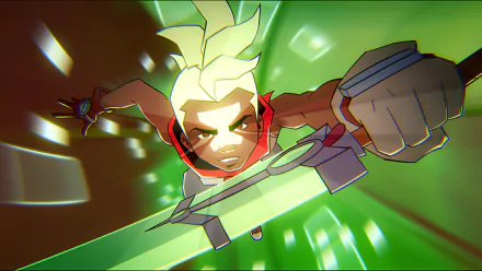 HD desktop wallpaper of Ekko from League of Legends, depicted in an action pose with a glowing green background.