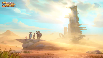 HD desktop wallpaper featuring characters observing a towering structure in the desert landscape of the video game My Time at Sandrock.