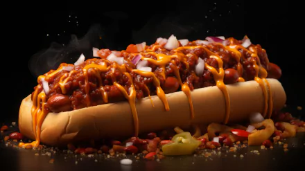 A delicious chili dog topped with shredded cheese, onions, and chili, surrounded by colorful toppings. This HD desktop wallpaper showcases mouthwatering food in vibrant detail.