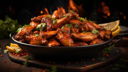 A vibrant HD desktop wallpaper featuring a heaping platter of delicious chicken wings, garnished with herbs and lemon, set against a warm, fiery background.
