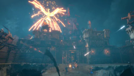 HD desktop wallpaper from the video game Warlander, featuring a dynamic night battle scene with a bright explosion above a fortress.