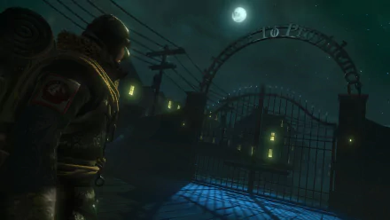 HD desktop wallpaper from the video game Edge of Nowhere, featuring a character looking at a moonlit gate with eerie green lighting.