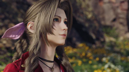 HD desktop wallpaper from Final Fantasy VII Rebirth featuring a detailed close-up of Aerith Gainsborough in a floral background.