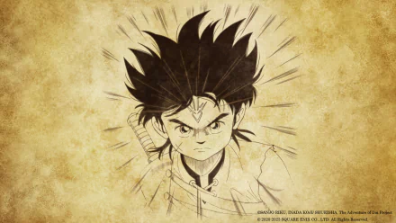 HD desktop wallpaper featuring a sketched portrait of a character from Infinity Strash: DRAGON QUEST The Adventure of Dai on a vintage paper background.