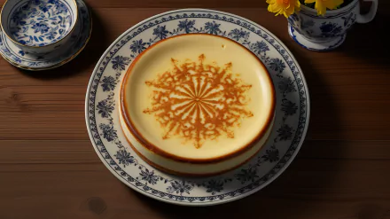 A beautifully crafted cheesecake with an intricate design sits on a decorative plate, complemented by elegant tableware. This HD desktop wallpaper celebrates AI art and food.