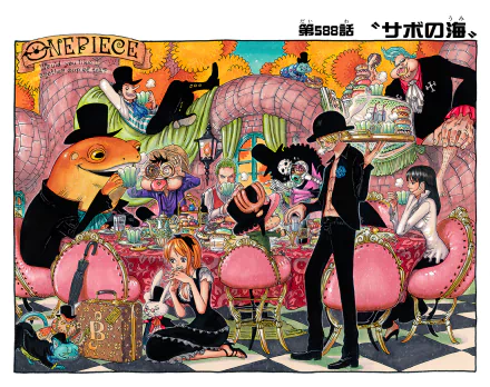 HD desktop wallpaper featuring One Piece characters Franky, Usopp, Sanji, Nami, and Brook at a whimsical dining table scene.