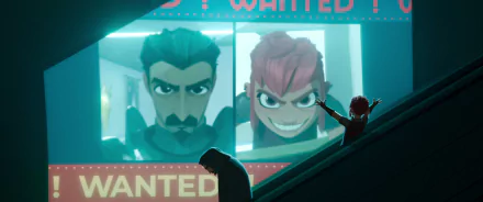 HD desktop wallpaper from the movie Nimona featuring characters in a wanted poster display, with Nimona playfully posing.