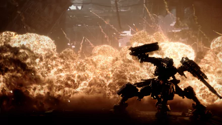 HD desktop wallpaper from Armored Core VI: Fires of Rubicon featuring a mech in combat amidst explosive fireballs.