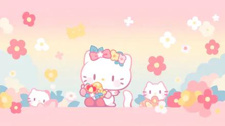 HD desktop wallpaper featuring a cheerful Hello Kitty surrounded by flowers and smaller cat characters on a soft pink background.