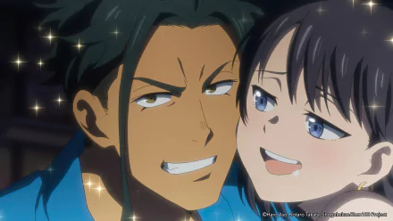 HD desktop wallpaper featuring Kenichirou Ryuuzaki and another character from the anime Zom 100: Bucket List of the Dead, smiling under a starry sky.