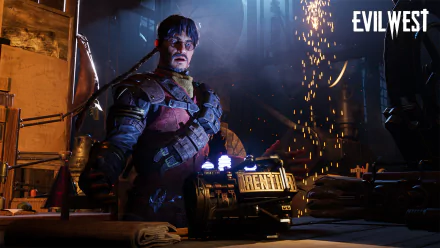 HD desktop wallpaper from the video game Evil West, featuring a character in armor with glowing elements, standing in a dimly lit workshop.