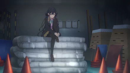 Aki Adagaki (Masamune-kun's Revenge) sits on stacked mattresses in a dim warehouse, wearing her school uniform and holding a lollipop — 8K Ultra HD anime PC desktop wallpaper/background.