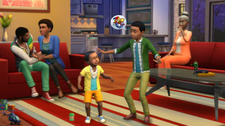 HD desktop wallpaper of a lively scene from The Sims 4, featuring a family interacting in a colorful living room.
