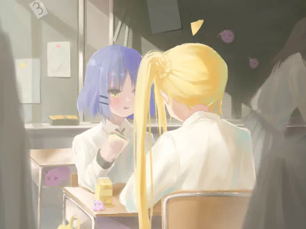 HD anime desktop wallpaper featuring Ryou Yamada and Nijika Ijichi from Bocchi the Rock! in a softly lit classroom setting.