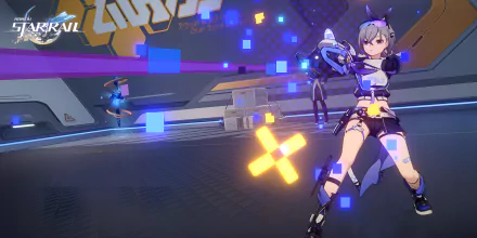 HD desktop wallpaper featuring Silver Wolf from Honkai: Star Rail, in a dynamic pose with a futuristic weapon on a sci-fi themed background.