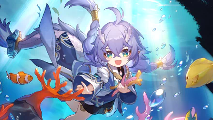 HD wallpaper featuring Bailu from Honkai: Star Rail, depicted with a playful pose underwater surrounded by fish and bubbles.