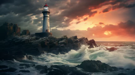 A captivating AI art depiction of a lighthouse perched on rocky cliffs, with turbulent waves crashing against the shore under a dramatic sky at sunset, serving as a stunning HD desktop wallpaper.