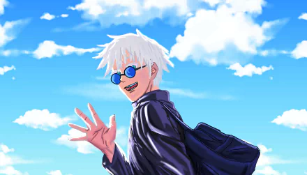 HD anime desktop wallpaper featuring Satoru Gojo from Jujutsu Kaisen, smiling confidently against a bright blue sky with fluffy clouds.