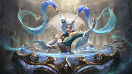 4K Ultra HD PC desktop wallpaper featuring Sona from League of Legends, portrayed with glowing blue accents and ethereal musical energy in a mystical setting.