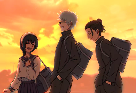 Riko Amanai, Satoru Gojo, and Suguru Geto walk together against a vibrant sunset, showcasing an iconic moment from the anime Jujutsu Kaisen in this HD desktop wallpaper.