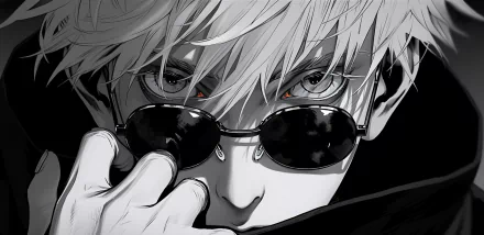 HD desktop wallpaper featuring Satoru Gojo from Jujutsu Kaisen, depicted in black and white, adjusting his sunglasses.