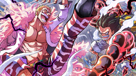 Donquixote Doflamingo and Monkey D. Luffy in Gear Fourth clash in a dynamic 4K Ultra HD One Piece anime wallpaper background.