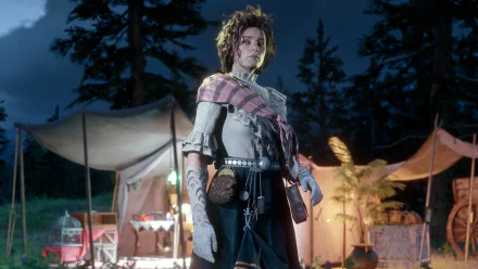 HD desktop wallpaper from Grand Theft Auto V featuring a female character in a camp setting at night, with trees and tents in the background.