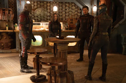 HD desktop wallpaper of Guardians of the Galaxy Vol. 3 characters, including Star-Lord, Mantis, and Drax, in a detailed spacecraft interior scene.