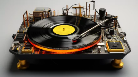 HD Wallpaper of a High-End Turntable Playing a Vinyl Record with Warm Illumination for Music Enthusiasts and Audiophiles.