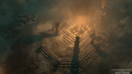 HD desktop wallpaper featuring a dark, atmospheric scene from Diablo IV with a glowing bonfire and shadowy structures.