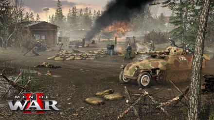 Men of War II HD desktop wallpaper featuring a dynamic battlefield scene with soldiers and an armored vehicle amidst forest terrain.