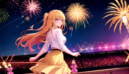 HD anime desktop wallpaper of Ruby Hoshino from Oshi no Ko, featuring her with flowing hair and a yellow skirt watching colorful fireworks at night.
