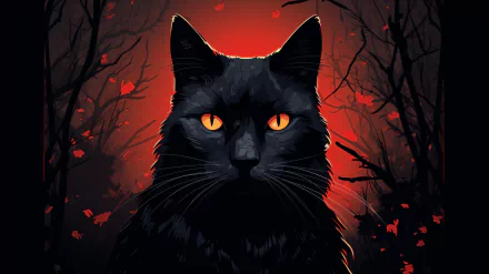 HD wallpaper of a mysterious black cat with glowing orange eyes set against a dark, eerie forest backdrop.
