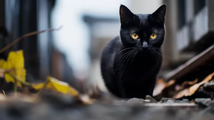 A striking black cat with vivid yellow eyes prowls along a path, surrounded by scattered leaves and a blurred background, captured in high definition for a dynamic desktop wallpaper.
