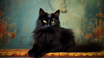 HD Desktop Wallpaper of a Majestic Black Cat with Bright Eyes on a Vintage Patterned Background.