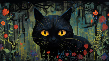 HD desktop wallpaper featuring an artistic illustration of a black cat with striking yellow eyes amidst a whimsical floral background.