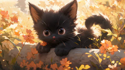 Black cat in a sunlit field of flowers HD wallpaper for desktop background.