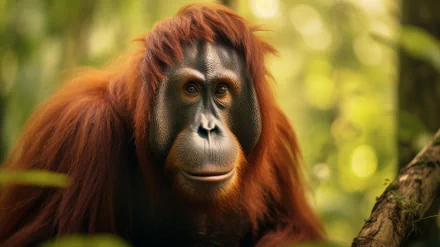 A captivating HD desktop wallpaper featuring an orangutan, showcasing its expressive face against a lush green background, inviting nature and wildlife into your space.