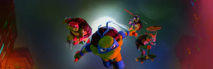 Dynamic 8K Ultra HD PC desktop wallpaper and background from the movie Teenage Mutant Ninja Turtles: Mutant Mayhem, showing the four turtles launching toward the viewer against a glowing moon.
