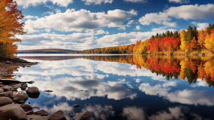 HD desktop wallpaper featuring a serene lake with vivid fall foliage reflecting off calm waters under a partly cloudy sky.