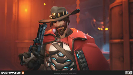 High-definition wallpaper featuring Cassidy from Overwatch 2, showcasing his iconic hat and a confident stance with a revolver in a dynamic game environment.